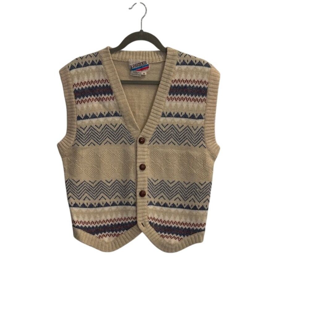 J. Riggins Medium Wool Blend Striped Design Button Up Sweater Vest Vintage FLAW